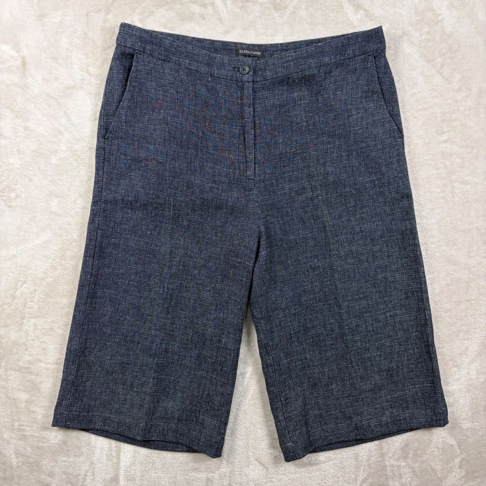 Eileen Fisher Womens Navy Blue Textured Wide Leg Culottes Bermuda Pants Pockets